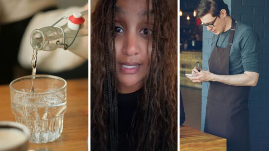 pouring a glass of water (l) woman shares restaurant tips (c) waiter asking customers if they would like water (r)