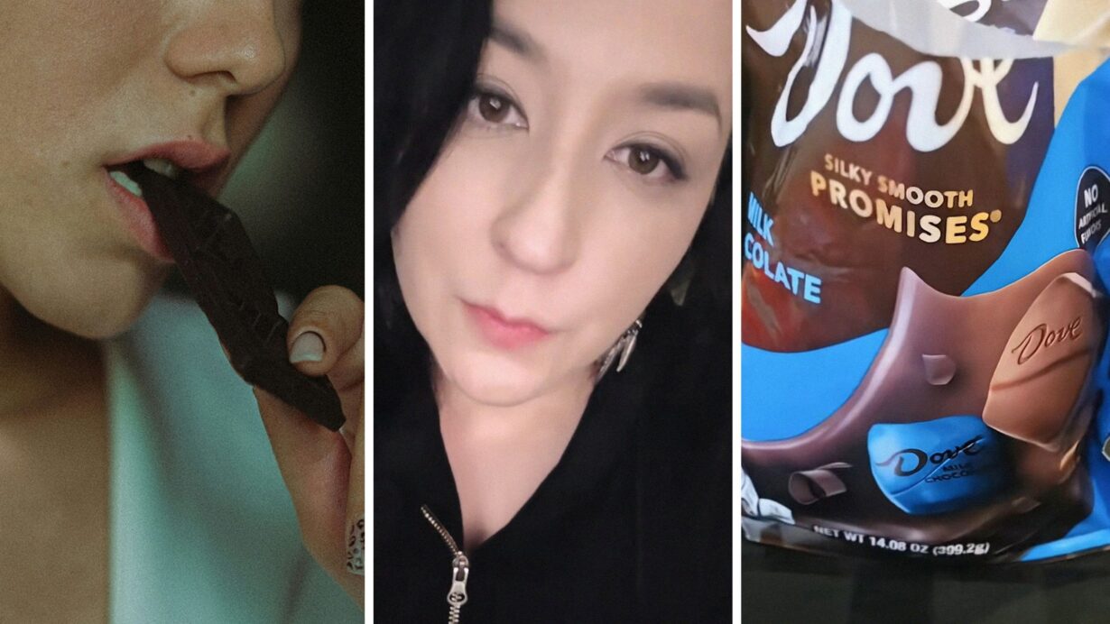 woman eating chocolate (l) woman shares chocolate concern (c) Dove chocolate (r)