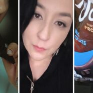 woman eating chocolate (l) woman shares chocolate concern (c) Dove chocolate (r)