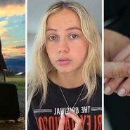 man going on a work trip (l) woman shares relationship horror story (c) engaged couple (r)