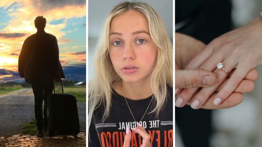 man going on a work trip (l) woman shares relationship horror story (c) engaged couple (r)