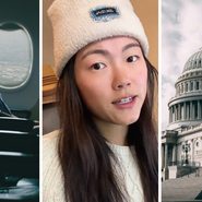 woman refuses to leave plane (l) woman shares travelling encounter (c) Washington DC (r)