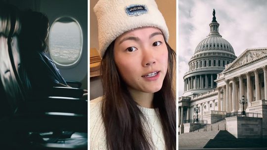 woman refuses to leave plane (l) woman shares travelling encounter (c) Washington DC (r)