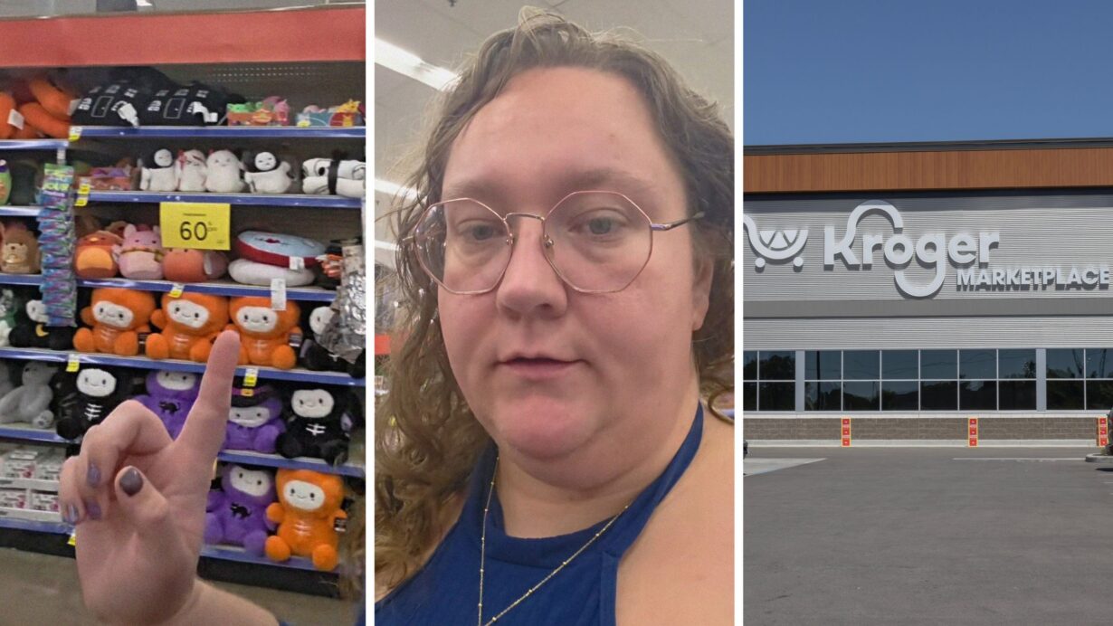stuffed toys (l) woman shares store observation (c) Kroger storefront (r)