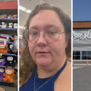 stuffed toys (l) woman shares store observation (c) Kroger storefront (r)