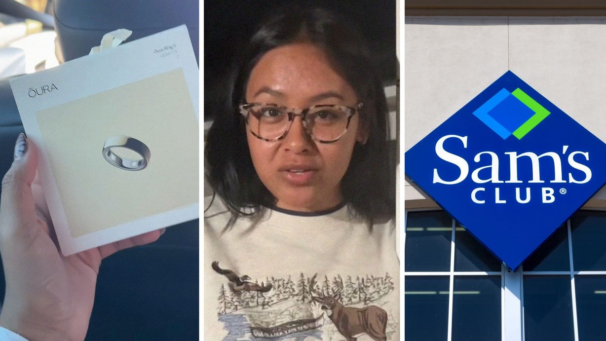 Oura ring (l) woman shares Sam's club hack (c) Samb's club entrance (r)